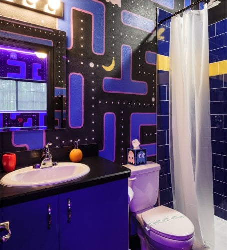 ms pac man video game themed bathroom