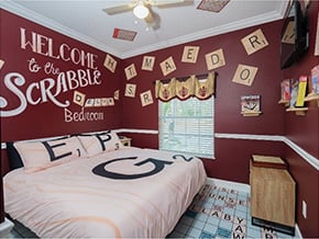 Scrabble-themed bedroom at the game house